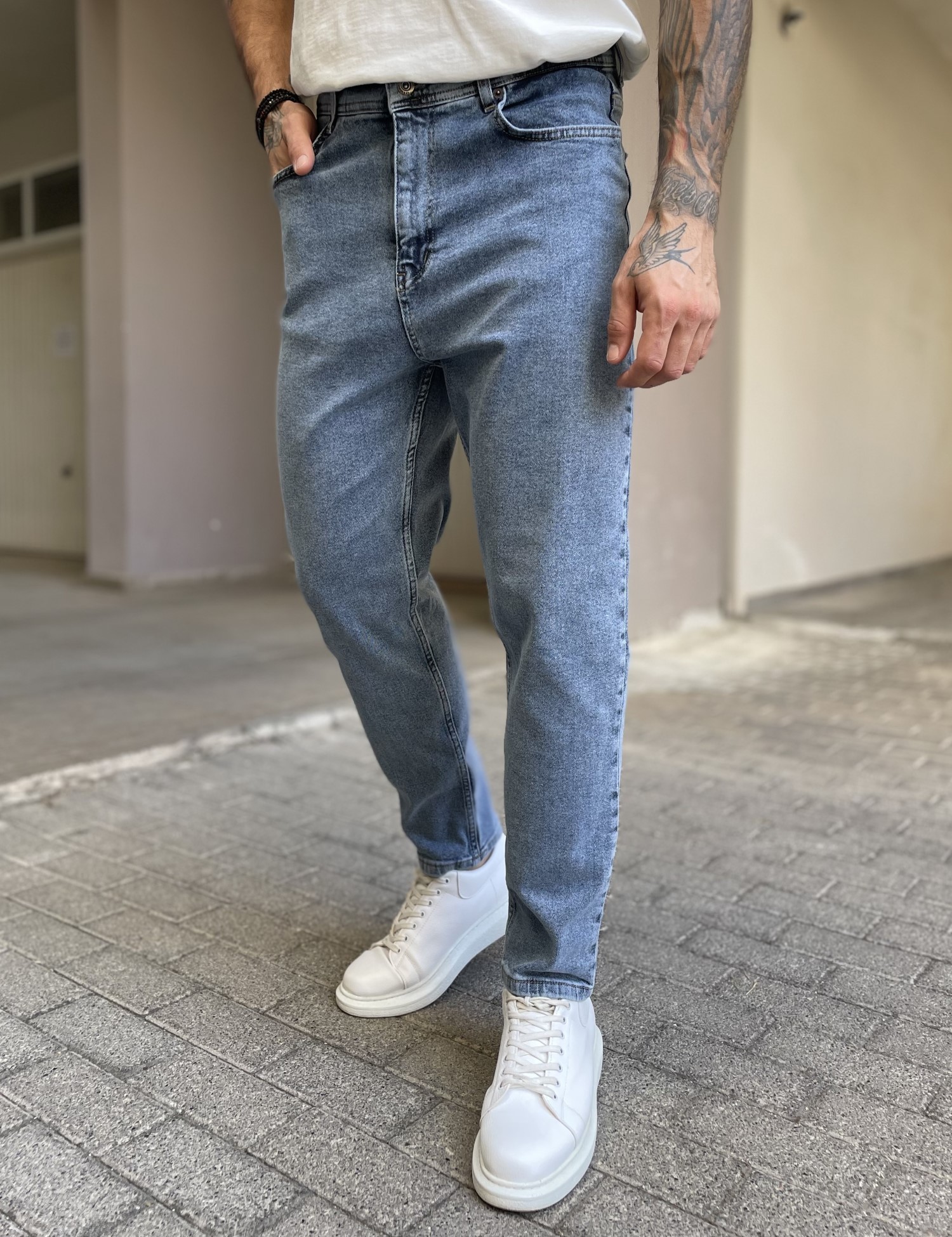 Ανδρικό μπλε πλυμένο ελαστικό loose τζιν πεντάτσεπο με φερμουάρ G88103 φωτογραφία